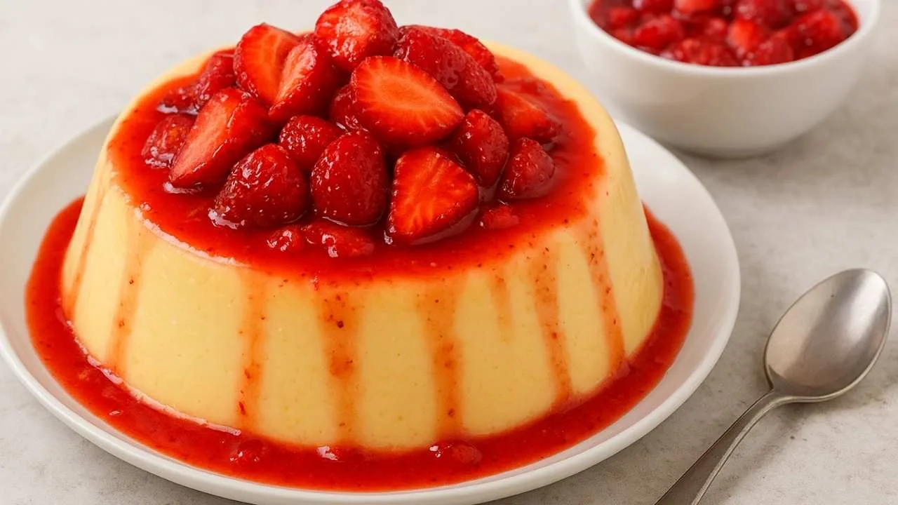 Imagem da Receita de Pudim de Ninho com Morango.