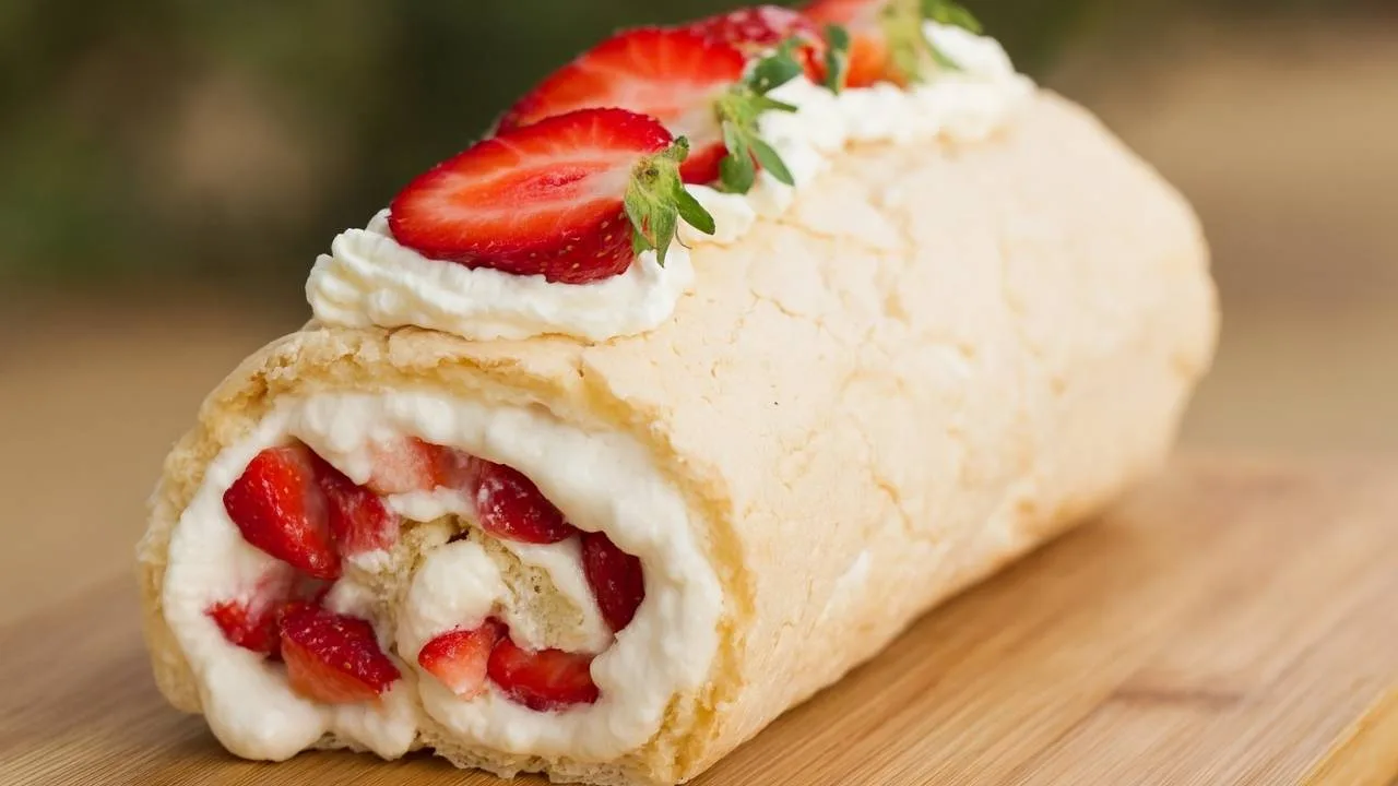 Imagem da Receita de Rocambole de Suspiro com Morango.