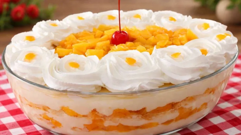 Imagem da Receita de Pavê de Pêssego Fácil com Bolacha Maisena e Chantilly.