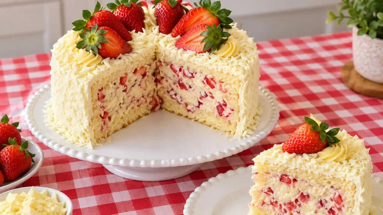 Imagem da Receita de Bolo Branco com Morango para Aniversário.