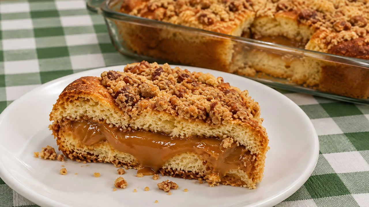 Imagem da Receita de Cuca Alemã com Recheio de Doce de Leite e Nozes.